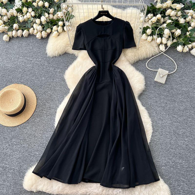 

Летняя одежда Французский стиль Стиль Хепберн Ретро Ажурный дизайн Круглый вырез Пышный рукав Облегающее талию Сетчатая вставка Лоскутное черное платье Black L