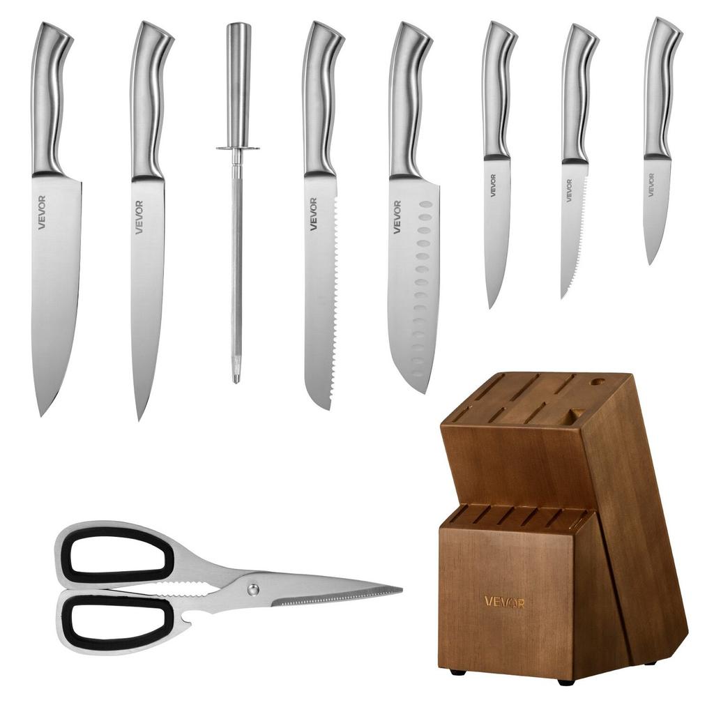 Kitchen Knife Set with Block and Sharpener, 15 Piece German High Carbon Stainless Steel Sharp Knife Set, Kitchen Cutlery with Ergonomic Handle,