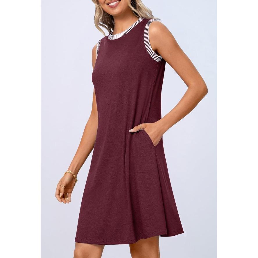 YYFS Women's Fashion Summer Spring Solid Color Print Sleeveless O-Neck Loose Waistline Casual Dresses