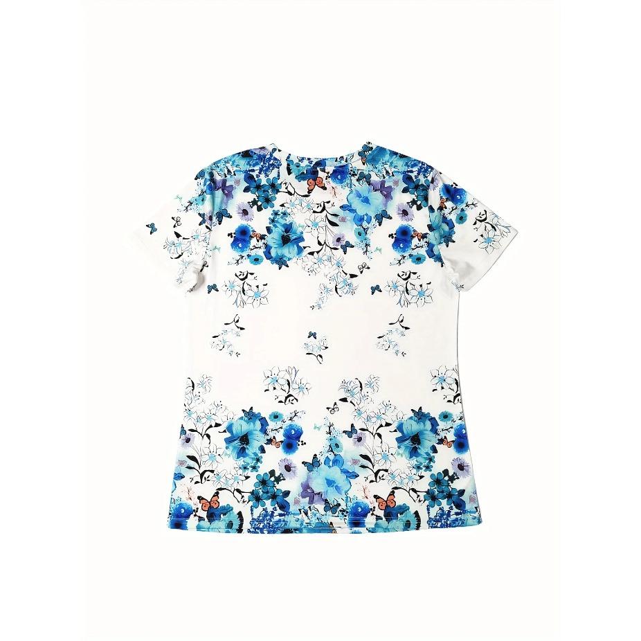 Women's Elegant Rose Print T-Shirt Crew Neck Top with Slight Stretch Fabric, Vibrant Floral All-Season Comfort Fit, Ladies T Shirts, Casual Wear