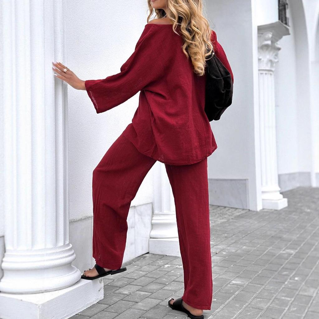 2025 Women's Solid Color Linen-Cotton Top & Lace-up Loose Pants Set - European & American Casual Style