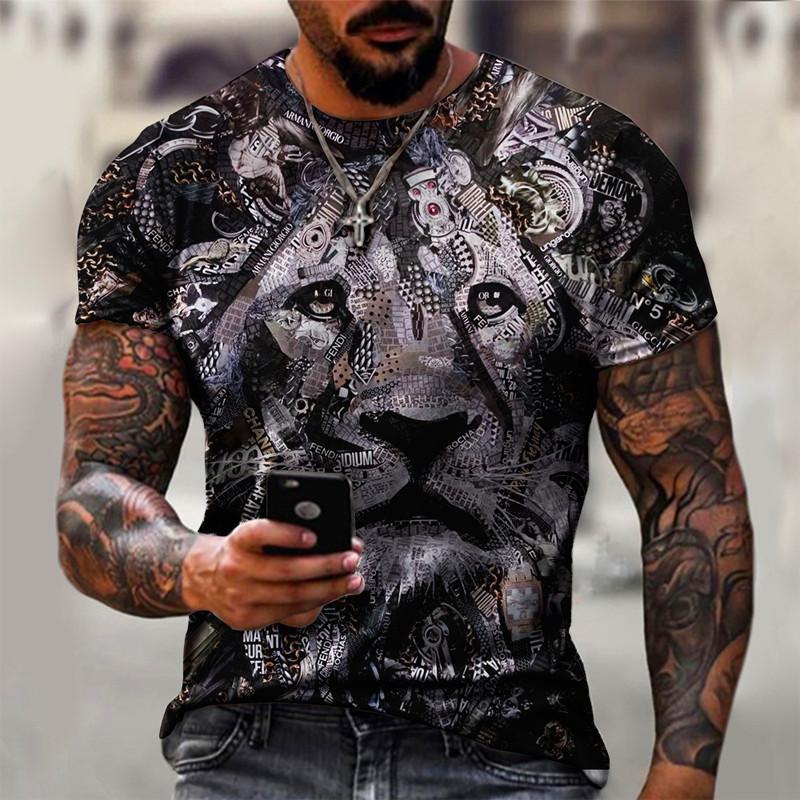 2021 New Men's Casual 3D Lion Print Slim-fit Pullover Men's T-shirt Men's Fashion Casual Short Sleeve T-shirt Men's Top