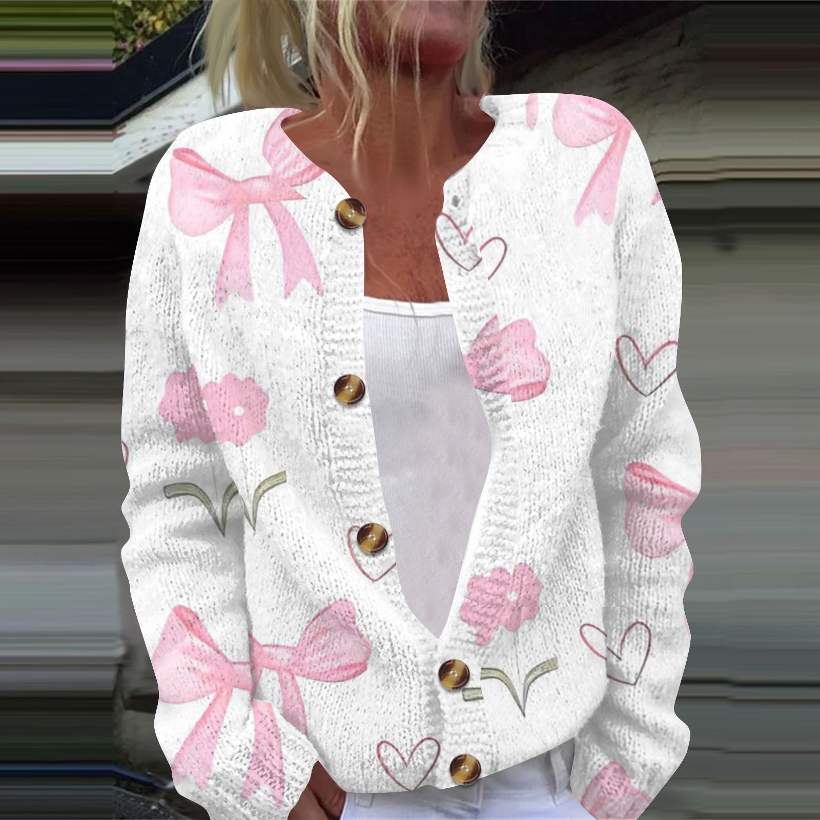 

Женская мода с принтом банта, длинный рукав, вязаный кардиган, куртка на пуговицах XL белый