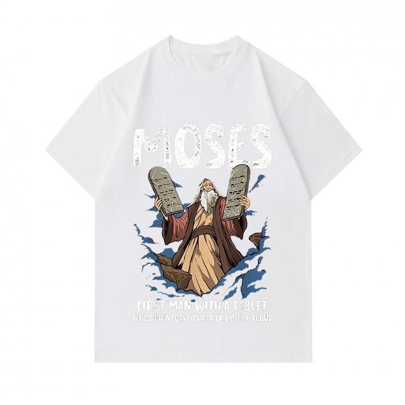 Mens 100% Cotton Crew Neck Short Sleeve Tshirt Funny Moses First Man With A Tablet Graphic Casual Religious Humor Tees For Daily Wear