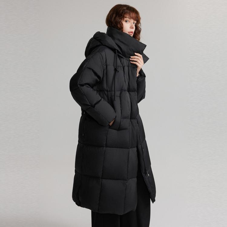 ELLE French Style Solid Color Mid-Length Hooded Down Jacket Women Outerwear Black EY49618