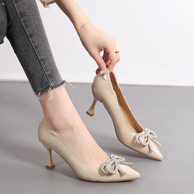 High Heels Feminine Temperament Rhinestones Spring and Autumn Pointed Thin Heels Work Shoes