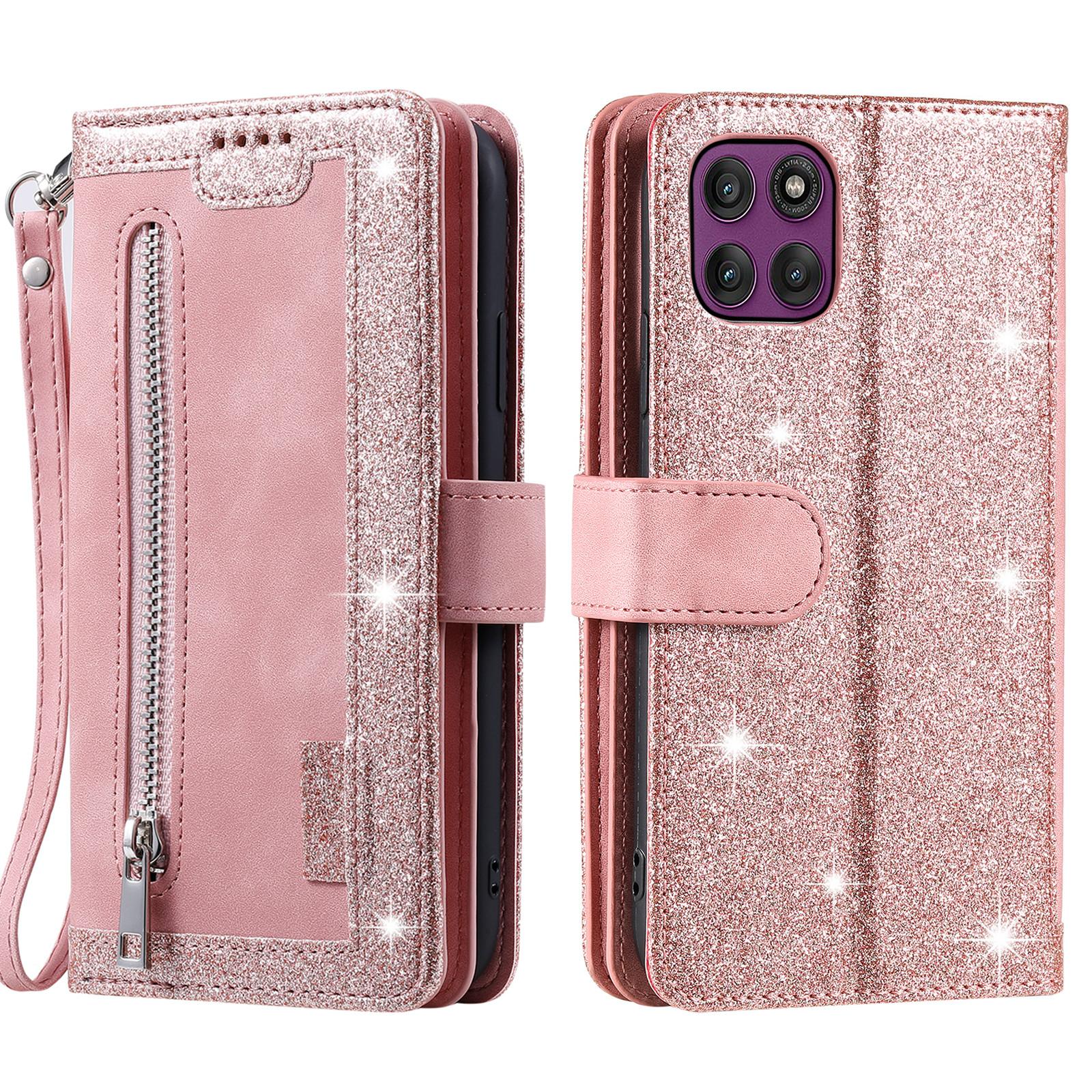 

Чехол для Motorola Moto G56 5G с 9 отделениями для карт, кошелек на молнии, чехол для телефона из ПУ кожи с ремешком на запястье Rose Gold