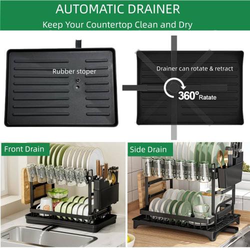 FUMITT Dish Drainer, Rust-Proof, Slim Dish Storage Rack - Large Capacity Kitchen Utensil, Multifunctional, Easy Assembly (Black, Automatic Drain [2-Ti