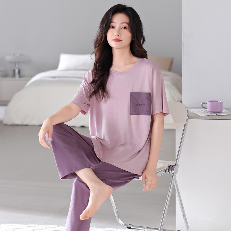 Pajamas with chest pads Women's summer thin Modal short-sleeved cropped pants Middle-aged mother loungewear cool suit