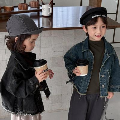 Jiaye 2025 Kids' Raw Edge Denim Jacket: Spring Retro Forest Design for Boys and Girls