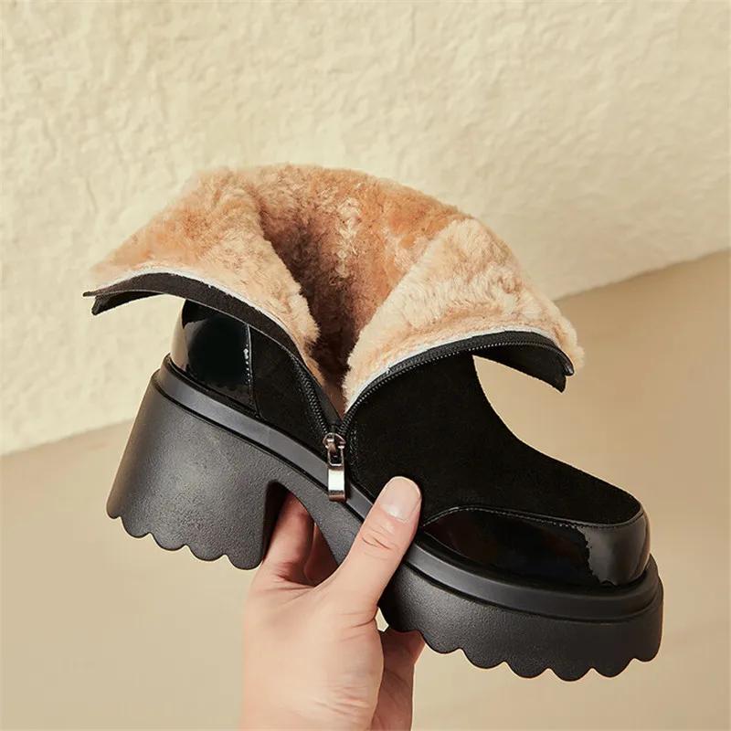 Fashion 2025 Split Leather High Heels Winter Warm Wool Boots Women Boots Round Toe Chunky Heel Platform Boots for Women Zapatos De Mujer
