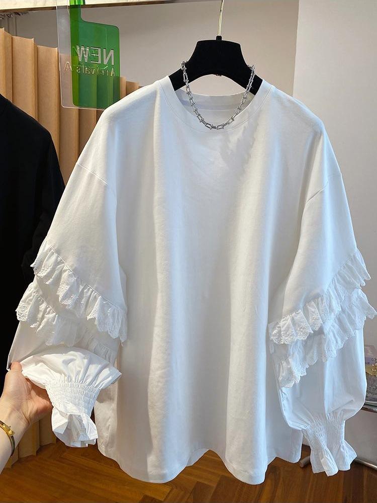 French super fairy lace fungus edge splicing T-shirt women's long sleeves 1116 new loose casual beautiful crew neck top