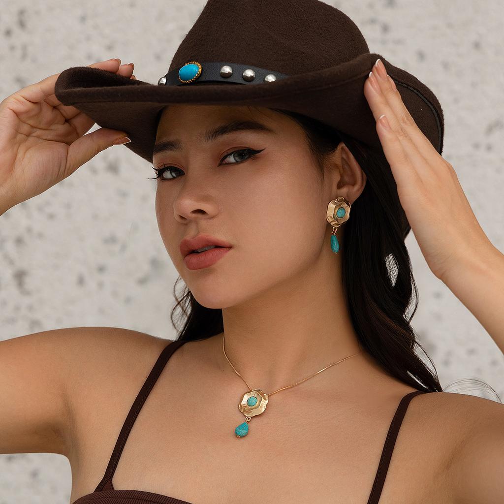 Accessories Denim Ethnic Turquoise Flower Pendant Necklace Vintage Metal Droplet Necklace