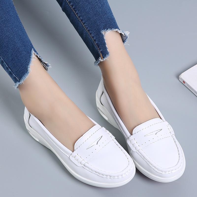 Cowhide air cushion nurse shoes shallow mouth women's shoes wedge heel flat casual shoes women's velvet mother shoes single shoes