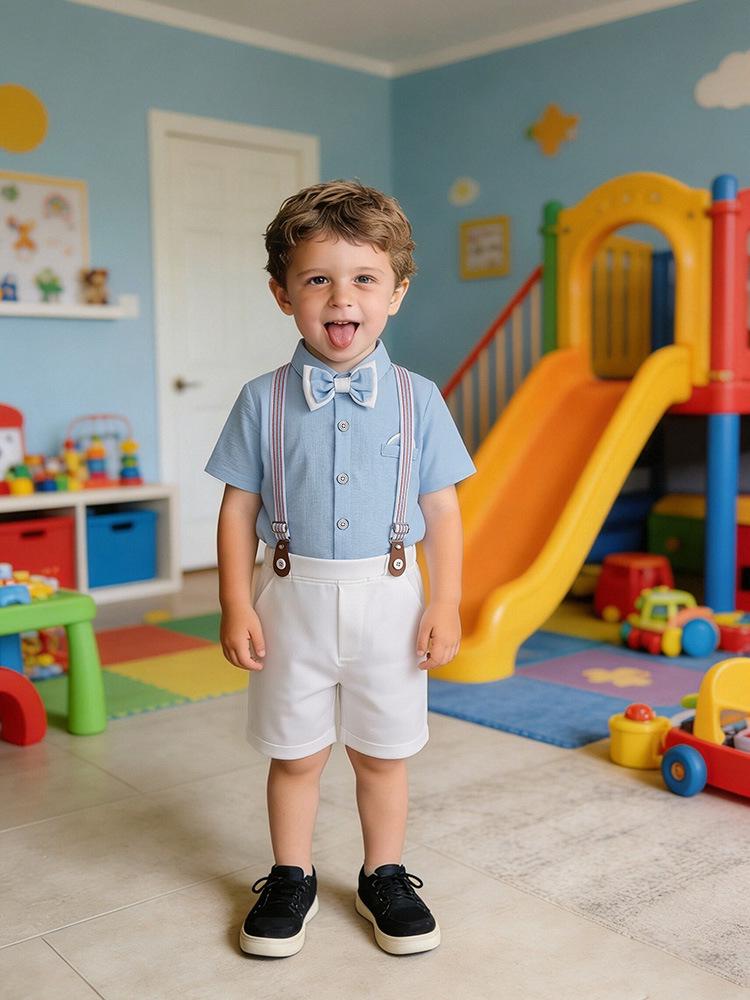 Completo estivo due pezzi stile britannico per ragazzo: Tuta Leggera a Maniche Corte per Bambini