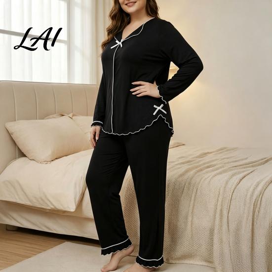 Breathable House Clothes for Ladies Women's Plus Size Pajama Set Long Sleeve Top And Pants Cozy Loungewear Women with Bow Ruffle 2 Piece Soft