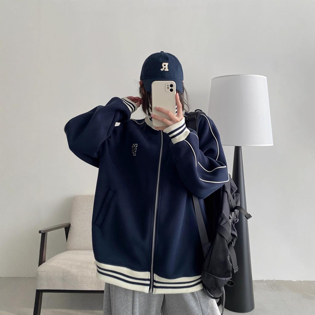 Women's Stand Collar Long Sleeve Zip Up Jacket Loose Fit Striped Embroidery Sweatshirt Baseball Outerwear