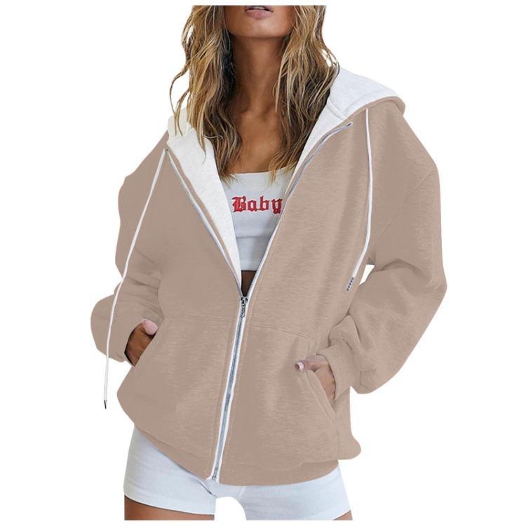 Women Casual Oversized Full Zip Hoodie, Contrast Liner Hooded Sweat Jacket, Soft Breathable Material Loose Outerwear with Pockets