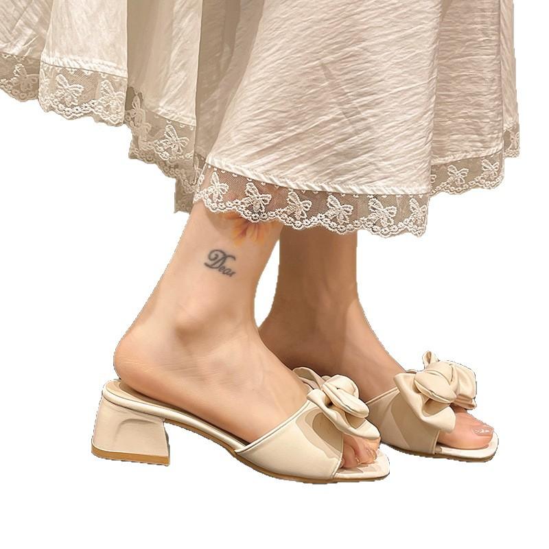 2025 summer new thick heel one-word bow sweet and gentle evening wind literary matching skirt high heel cool slippers women