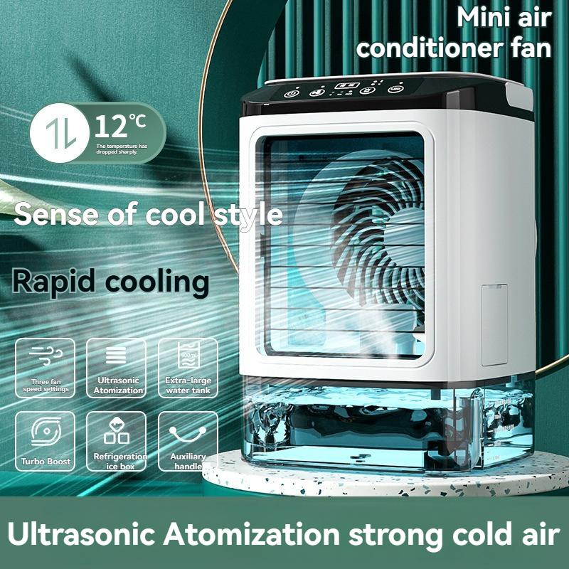 Mini Air Conditioner: 4-in-1 Portable Evaporative Cooler with 900ML Tank - 4 Speeds 2 Mist Modes 7 Color LED Light Rechargeable Personal Cooling