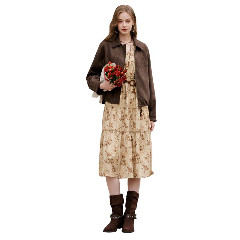 Xiangying Women s French Boho Floral V-Neck Puff Sleeve Dress XL