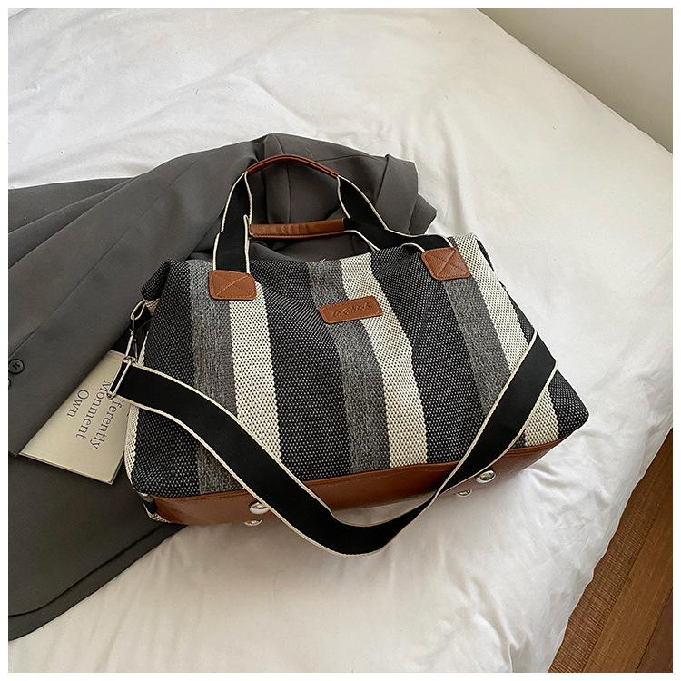 New Striped Short Trip Bag Women's Japanese Canvas Hand Luggage Large Capacity Shoulder Crossbody Bag