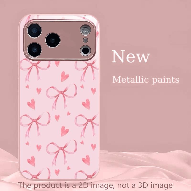 Fashion Pink Heart Bow Pattern Pink Metallic Glass Phone Case For iPhone 17 16 15 14 13 12 11 Pro Max 15 14 Plus 17Air 16E Cover