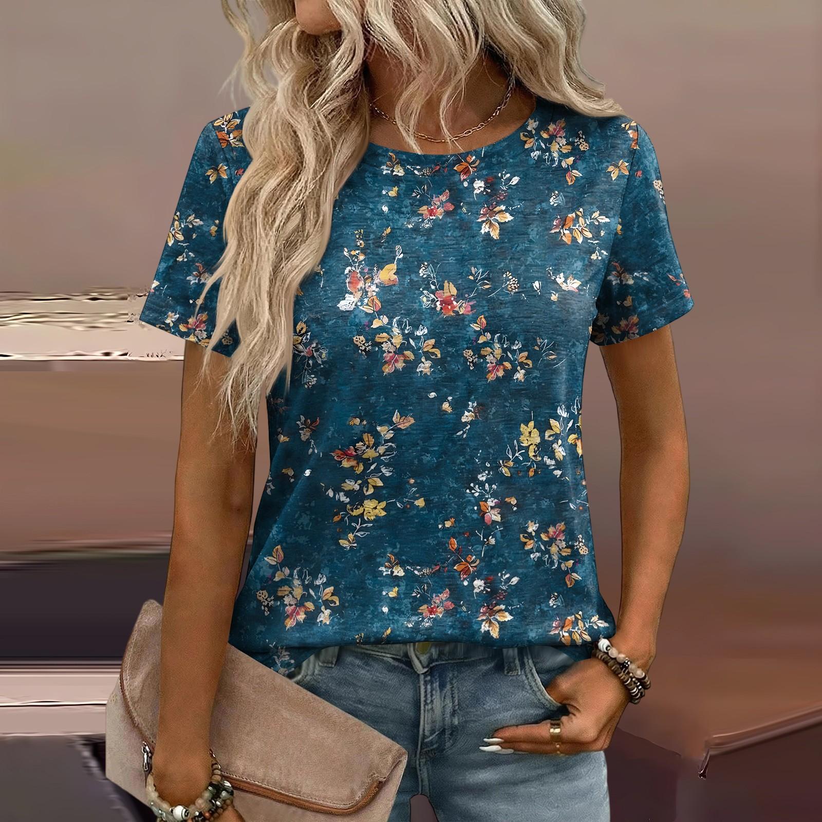 

Floral Print Short Sleeve Top for Women Casual Crewneck Tee Spring Blouses for Women 2026 Womens Spring Clothes 2026 Trending Tops for Women 2026 XXXL синій