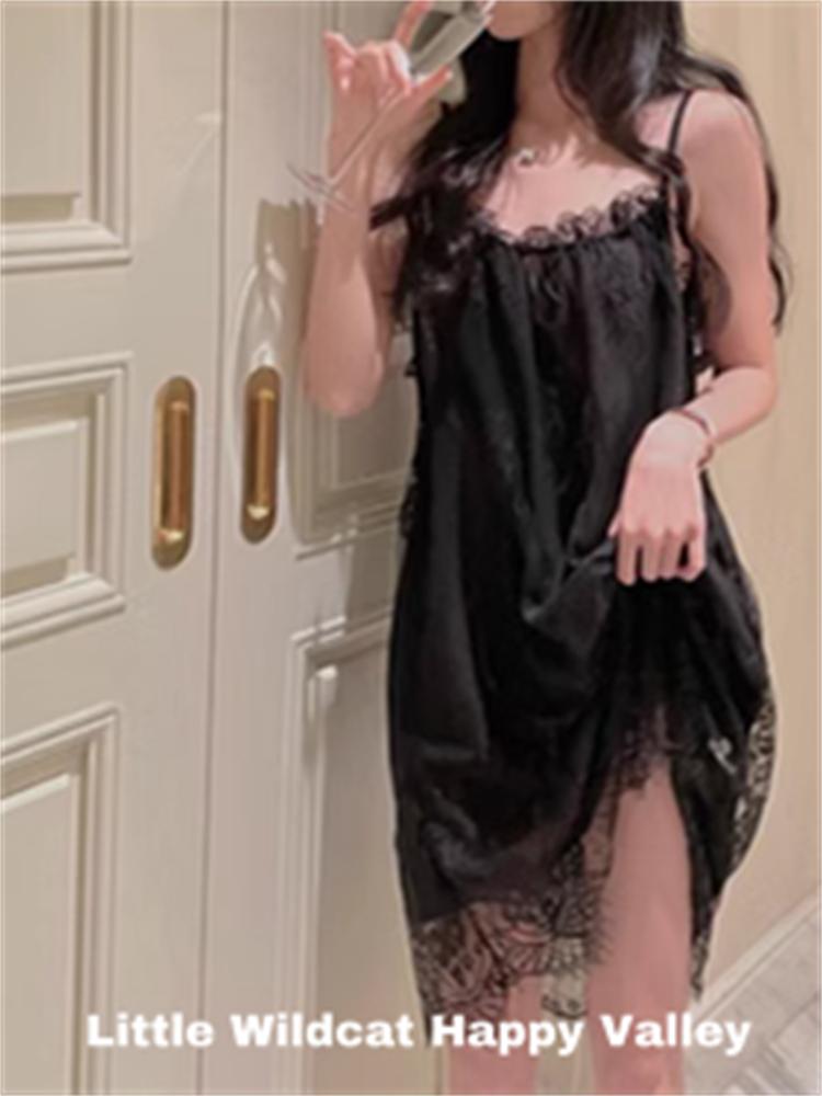 Women Sexy Sleepwear Lace Silk Satin Night Dress Sleeveless Nighties V-neck Nightgown Plus Size Nightwear Erotic Sleepdress
