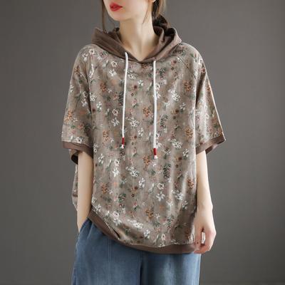 Literární Retro Hoody Krátký Rukáv Dámské Tenké provedení Divoké Květinové Volný Pulovr Léto