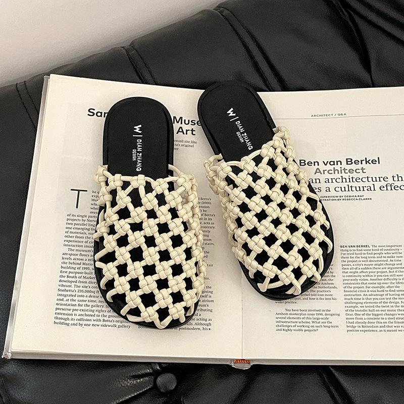 French Retro Simple Flat-bottomed Sandals Woven Hollow Bag Head Half Slippers Women's Summer Versatile Outer Wear Beach Slippers