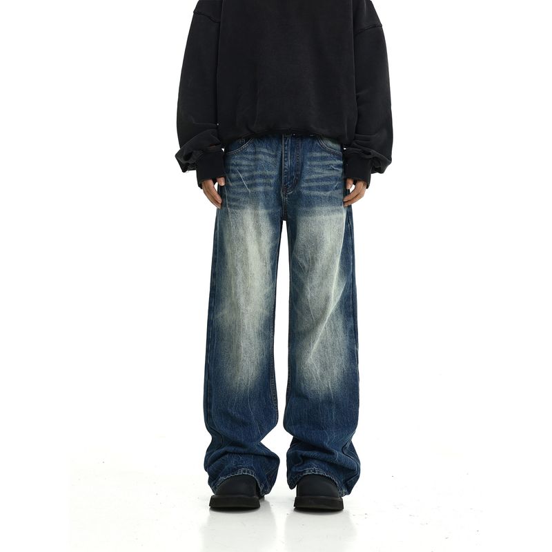 American High Street Vibe Wind Washed Worn Jeans Men and Women All-Matching Loose Casual Straight-Leg Micro Pull Loose Pants Tide