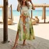 Women Fashion Round Neck Dazzling Dyeing Splicing Geometry Printed Short Sleeve Side Slit Dress Casual Vacation Dress Long Loose Dress