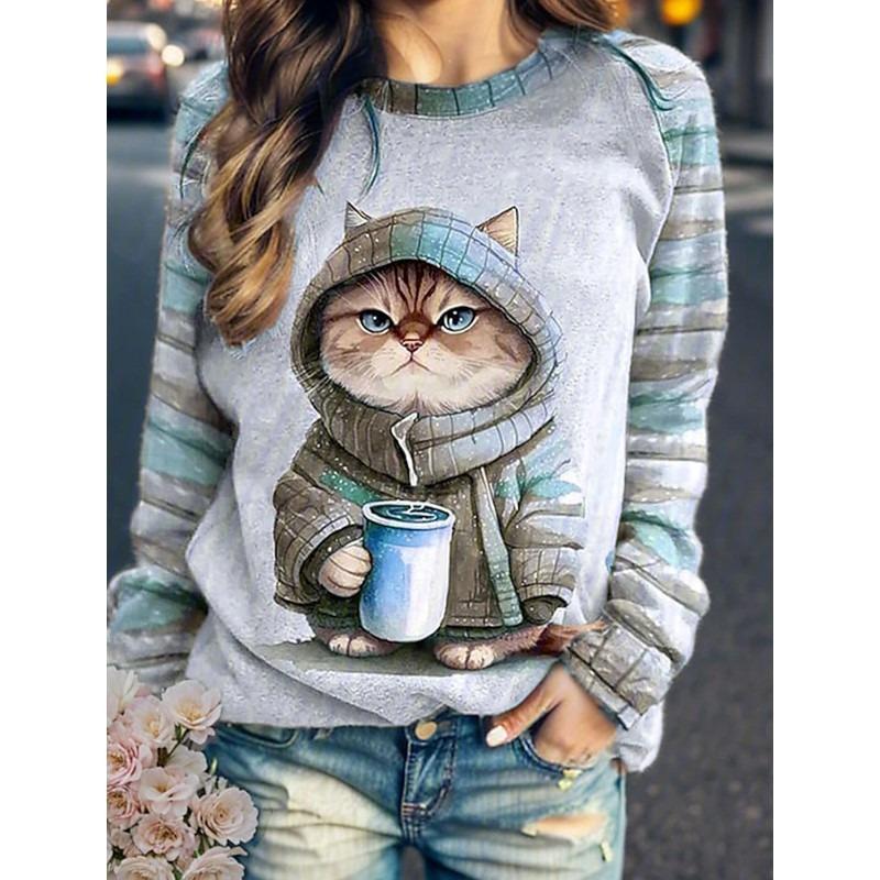 Women's Round Neck Hoodie with Cat Shoulder Insertion Autumn Winter Cashmere Women's Clothing Hoodie