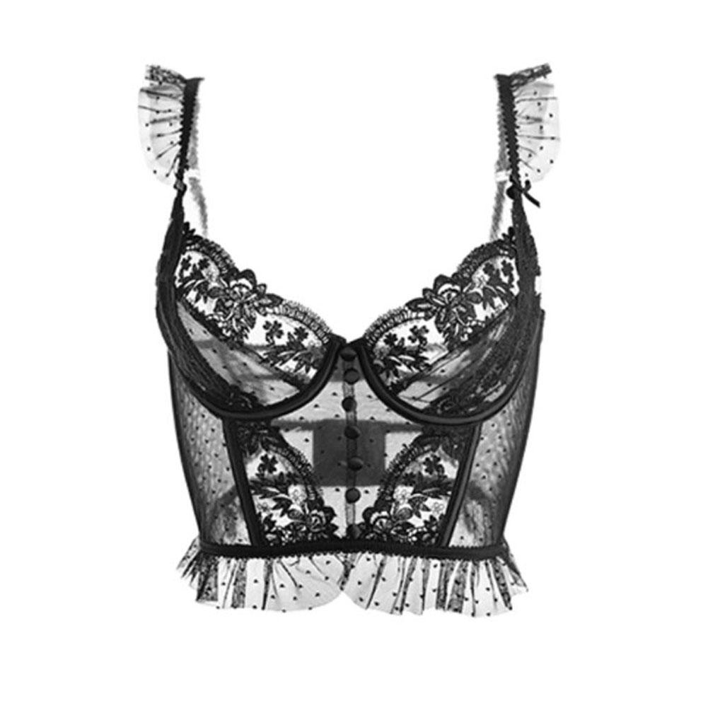 

Varsbaby кружевной прозрачный бюстгальтер дышащий без подкладки на косточках длинный бюстгальтер с двумя пряжками XL чёрный