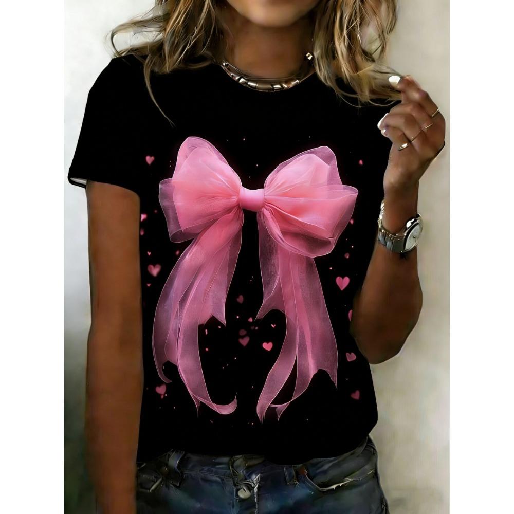 Heart-patterned Strawberry 3D Print Women's Round Neck Short-sleeved T-shirt, Loose Fit Top, Women's Clothing