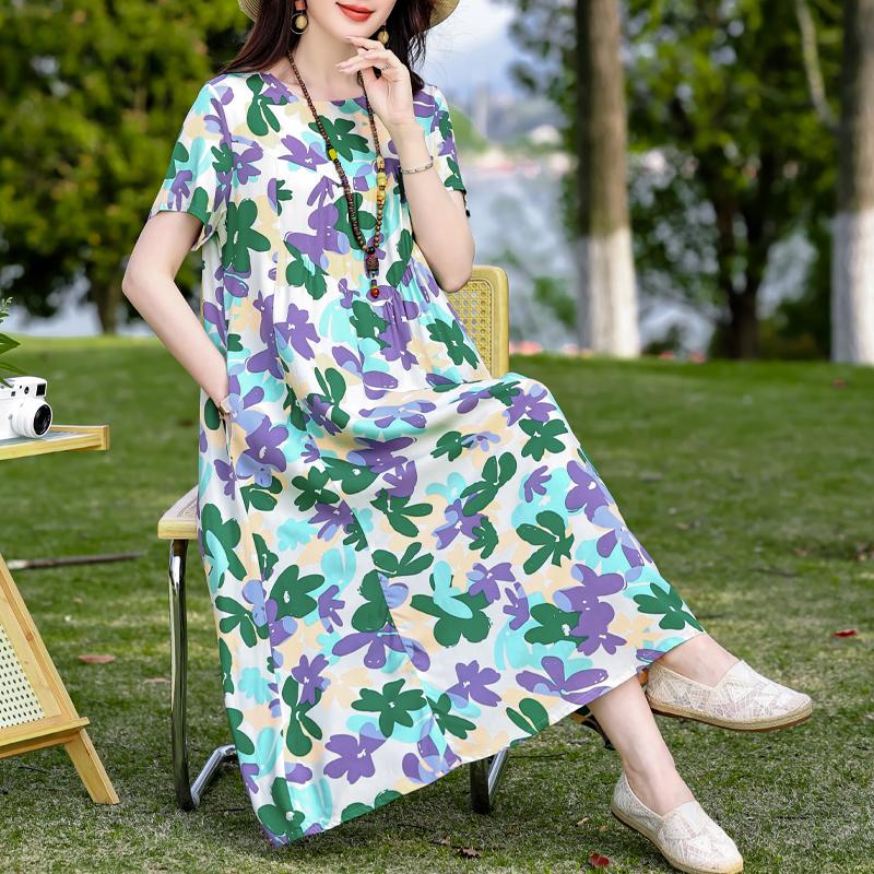 Plus Size Elegant Women's Summer Dress Vintage Clothes Short Sleeve Loose Long Dresses
