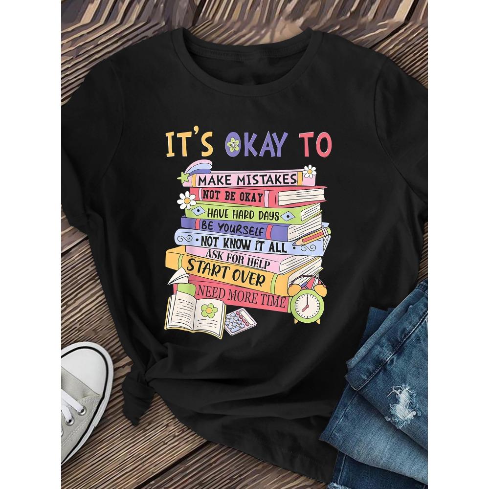 

Women Cotton Short Sleeves T-shirts It s Okay To Women s Tee Mental Health Book Stack Graphic S