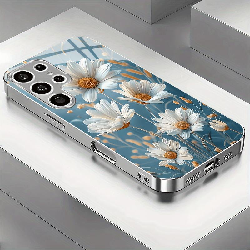 

Позолоченный чехол для телефона из закаленного стекла, совместимый с Galaxy S26 S25 S24 S23 S22 Ultra Plus. Имеет дизайн с белой ромашкой. For Galaxy S26