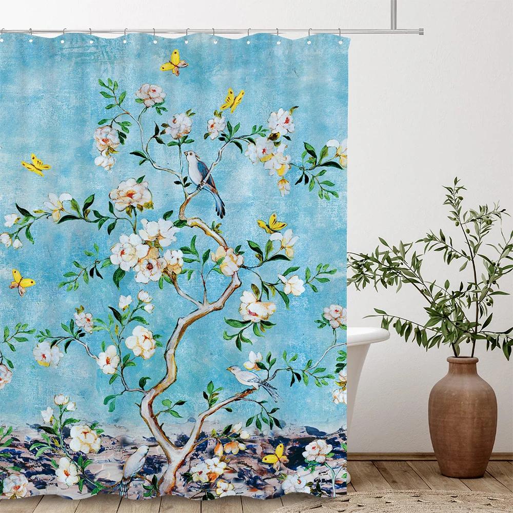 Floral Shower Curtain, Flowers and Birds Texture Fabric Waterproof Bathroom Curtains with Hooks Bathroom Decor Curtain