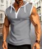 2024 Summer Men's Hooded Plaid Zip-Up Sleeveless Cardigan T-Shirt