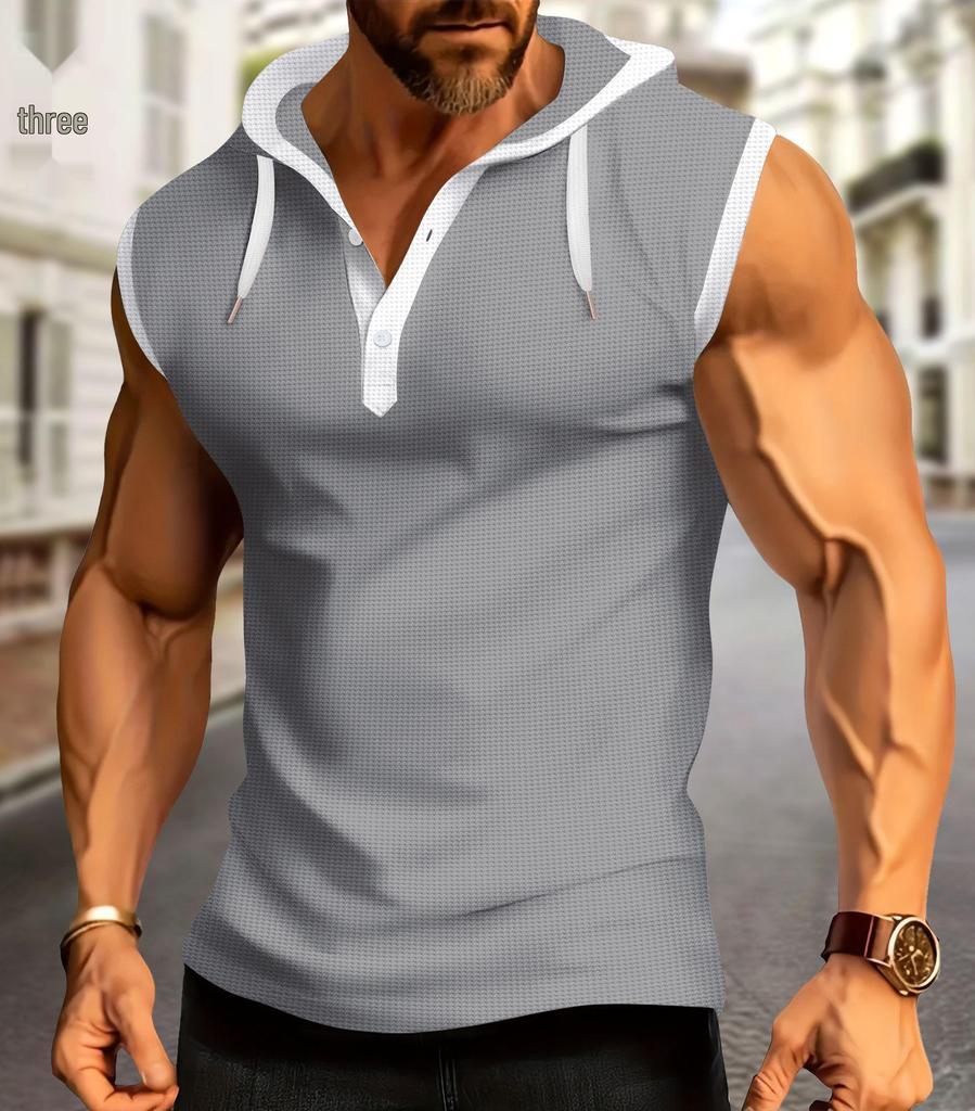2024 Summer Men's Hooded Plaid Zip-Up Sleeveless Cardigan T-Shirt