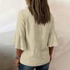 Women’s V Neck Cotton Linen Blouse with Pleated Ruffle Sleeves Loose Fit Button Front Casual Seven Quarter Sleeve Top