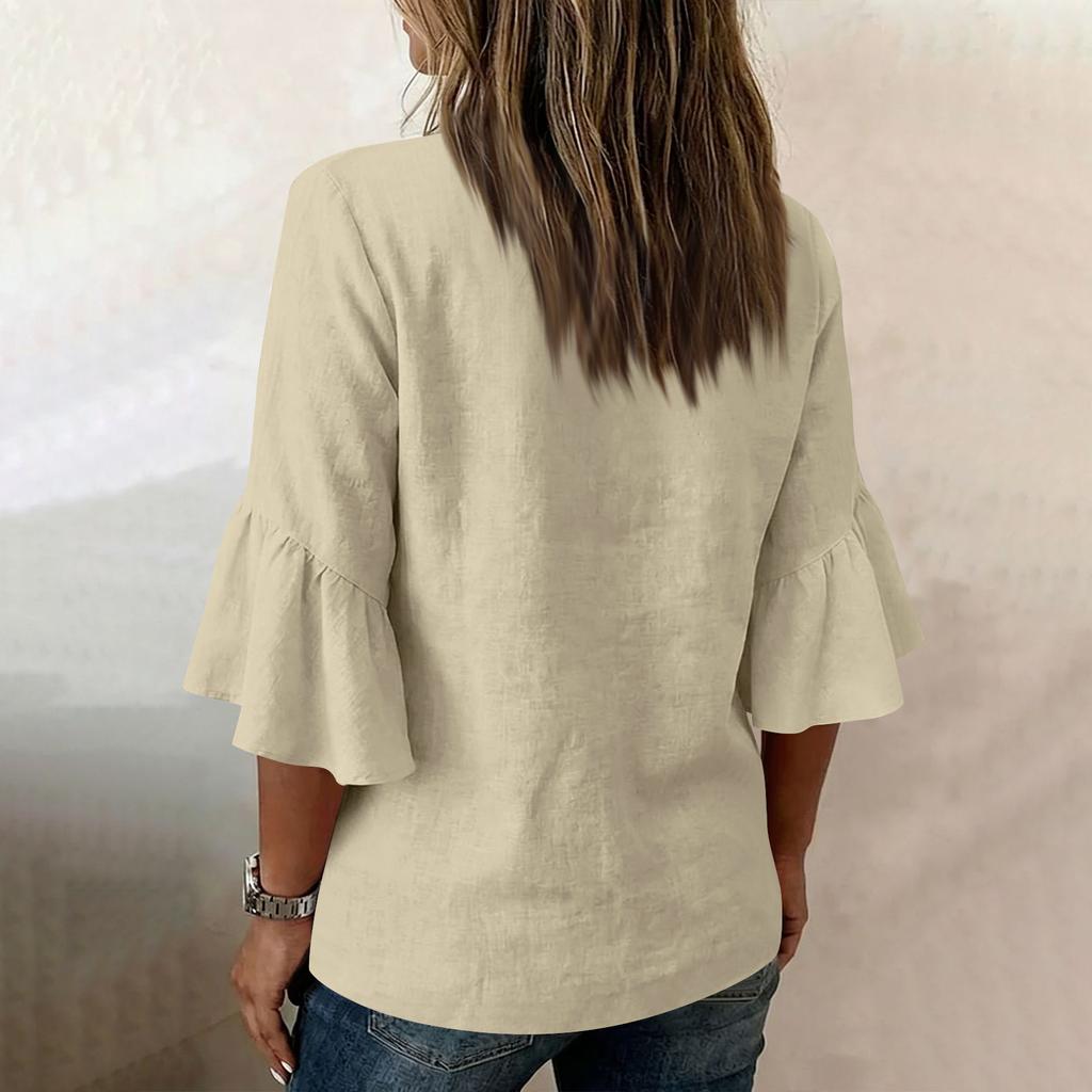Women’s V Neck Cotton Linen Blouse with Pleated Ruffle Sleeves Loose Fit Button Front Casual Seven Quarter Sleeve Top
