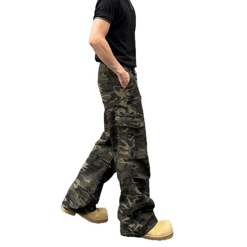 Unisex Retro Camouflage Multi-Pocket Flare Work Pants