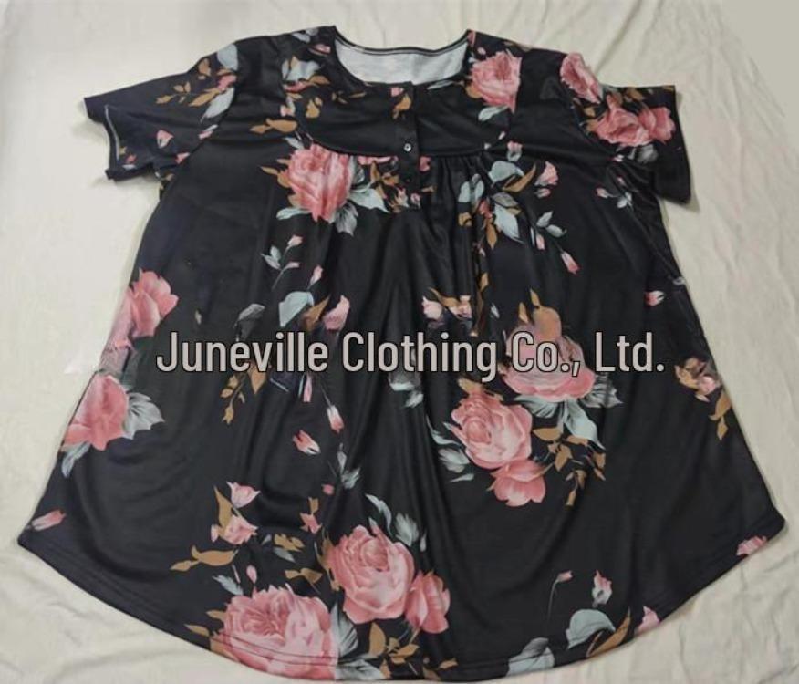 Women Summer Casual Floral Print Short Sleeve Henry Shirt