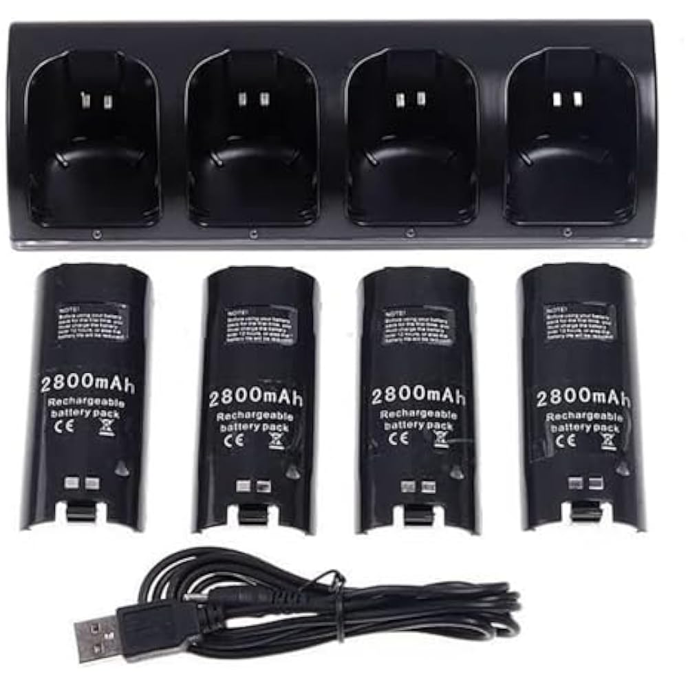 OSTENT Charger Dock Station with 4 Battery Packs for Nintendo Wii and WiiU Remote Controllers (Bl...