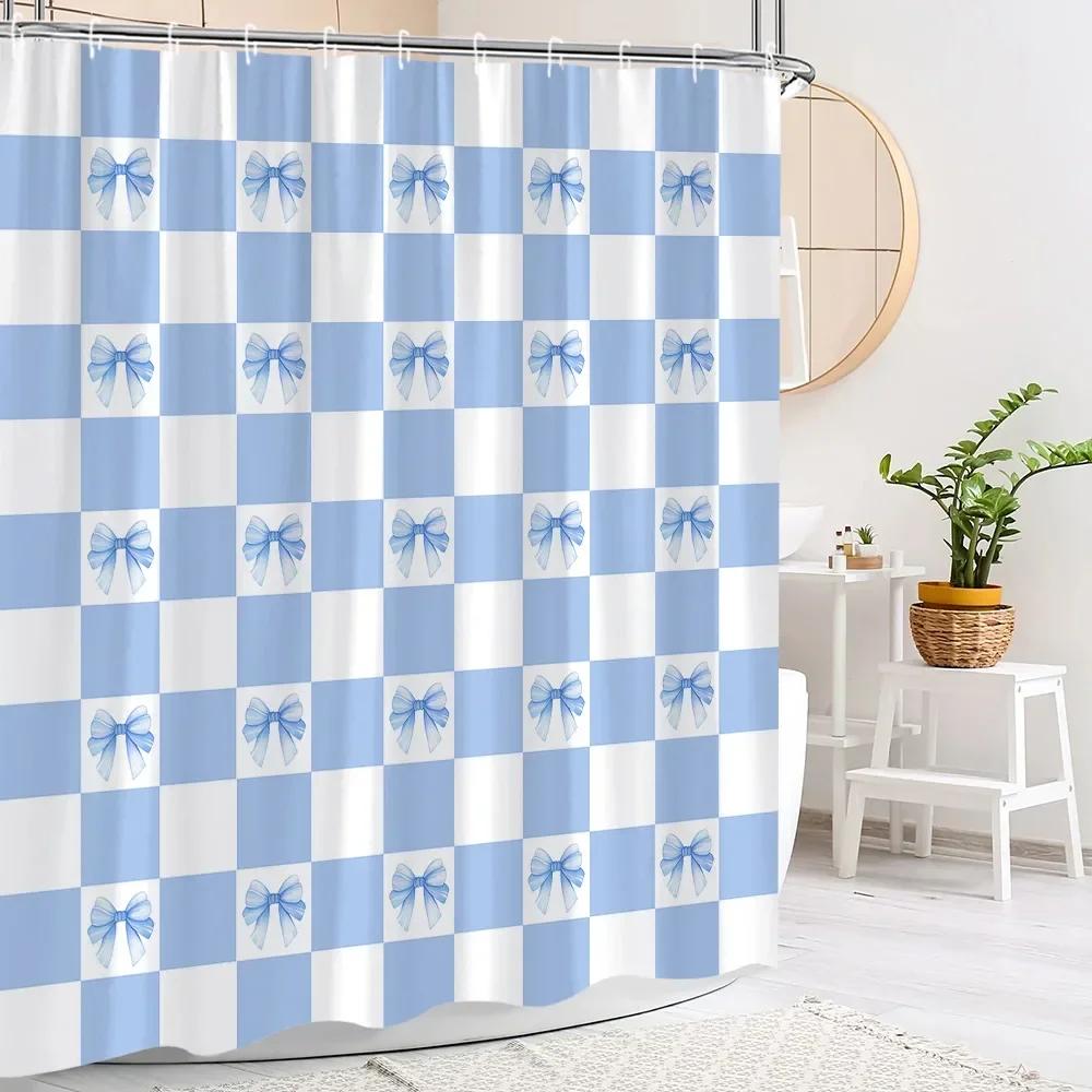 Tenda da Doccia Rosa Carina con Fiocco Moda Strisce Quadri Regalo di Festa per Ragazze Tessuto in Poliestere Tende da Doccia Arredo Bagno con Ganci