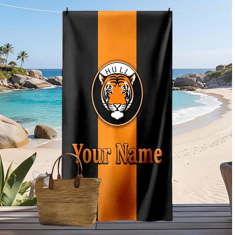 Asciugamano da Spiaggia Personalizzato Stampato Hull City Logo Calcio Supporto Nome Personalizzato Testo Asciugamano Assorbente Per Sport Viaggio Regalo Speciale