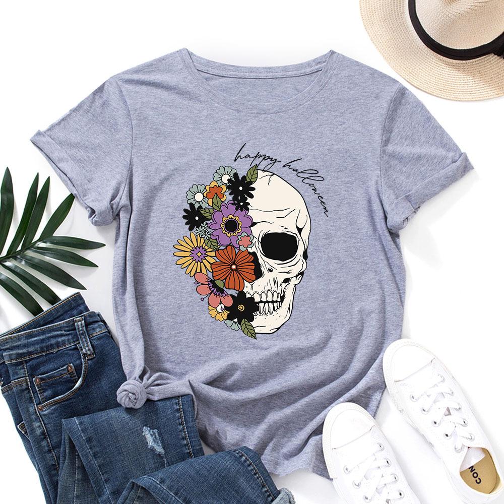 

Floral Skelletton Cotton T-Shirt Short Sleeve Round Neck Women 2d Print Tops S